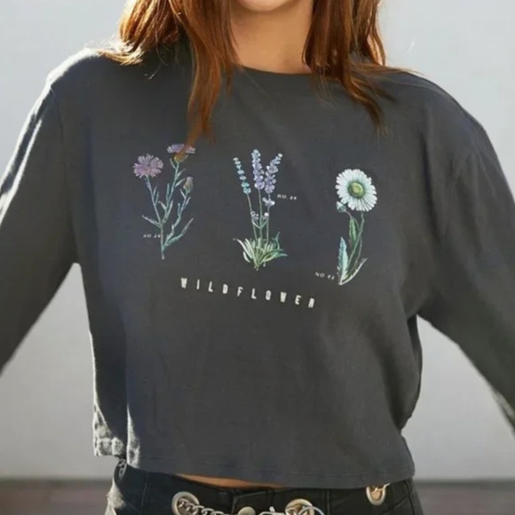 Urban Outfitters Tops - Urban Outfitters Embroidered Wildflower Graphic Cropped Long Sleeve in Gray
